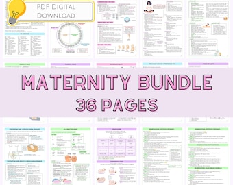 May include: A pink and white digital download bundle for maternity care. The bundle includes 36 pages of information on topics such as the menstrual cycle, fetal development, physical changes during pregnancy, nutrition, exercise, and breast care. The text "Maternity Bundle 36 Pages" is displayed in large pink letters.