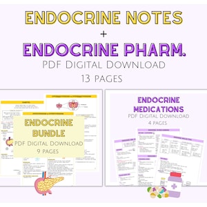 Op de afbeelding: Een digitaal downloadpakket met printbare notities voor een endocrinologie cursus. Het pakket bevat 13 pagina's met notities en 4 pagina's met medicatie-informatie. De notities zijn geïllustreerd met diagrammen van het endocriene systeem.
