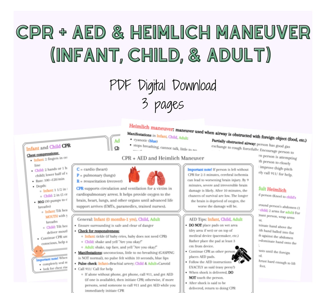 CPR and AED Heimlich Maneuver Firstaid Nursing Notes Etsy