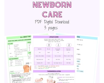 May include: A three-page PDF digital download titled "Newborn Care" with information about infant vital signs, Apgar scores, and thermoregulation. The document features illustrations of a baby's head and a baby being swaddled.