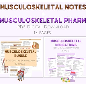 May include: A digital download bundle of two PDF documents about the musculoskeletal system. The first document is titled "Musculoskeletal Bundle" and has 10 pages. The second document is titled "Musculoskeletal Medications" and has 3 pages. Both documents feature colourful illustrations.