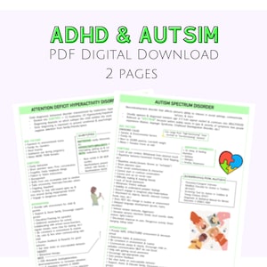 May include: Two pages of a printable PDF document with information about Attention Deficit Hyperactivity Disorder (ADHD) and Autism Spectrum Disorder (ASD). The document includes a list of symptoms, causes, and treatments for each disorder. The document also includes a graphic of a puzzle piece heart for ASD and a graphic of a child holding a microphone for ADHD.