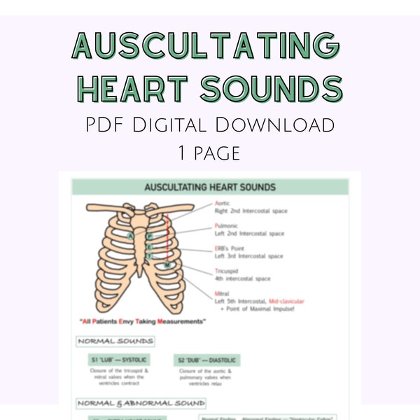 Auscultating Heart Sounds, Nursing Notes, Fundamental of Nursing, Clinical Notes, Digital Download, Nursing Study Sheet, Cardiac Notes