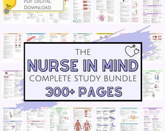 May include: A purple and white graphic with the text "The Nurse in Mind Complete Study Bundle 300+ Pages" in a white box. The graphic features a heart with a stethoscope and a variety of medical illustrations.