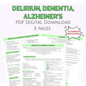 Könnte beinhalten: Ein digitaler Download von drei Seiten mit Informationen über Delirium, Demenz und Alzheimer. Die Seiten sind in einem grün-weißen Farbschema gehalten und enthalten Text und Überschriften. Der Titel des Dokuments lautet "Delirium, Demenz, Alzheimer" und der Untertitel lautet "PDF Digitaler Download 3 Seiten".