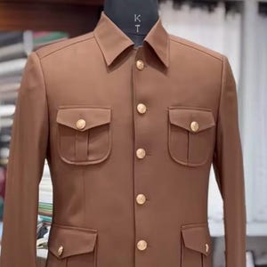 Brown Formal Wear Full Sleeve Safari Suit For Men.