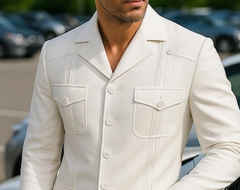 White Safari Suit for Men: Cotton-Polyester Blend