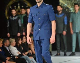 Blue Formal Wear Half Sleeve Safari Suit For Men.