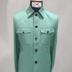 Mint Green Casual Wear Full Sleeve Safari Suit For Men.