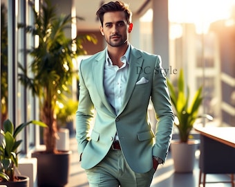 May include: A man wearing a light green suit jacket and matching pants. He is standing in a modern office building with large windows and plants in the background. The text "DC Style" is visible on the jacket.