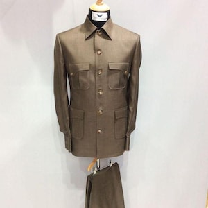Brown Formal Wear Full Sleeve Safari Suit For Men.