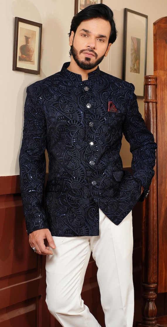Blue Embroidered Velvet Jodhpuri Suit: Men's Indian Wedding Outfit