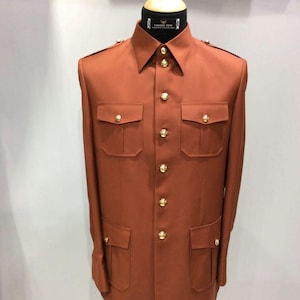 Brown Rust Casual Wear Full Sleeve Safari Suit For Men.
