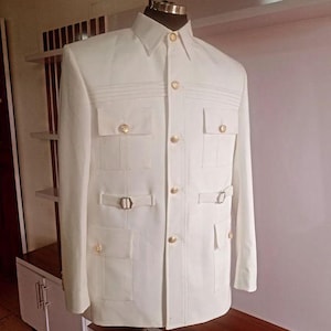 White Formal Wear Full Sleeve Safari Suit For Men.