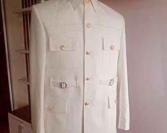 White Formal Wear Full Sleeve Safari Suit For Men.