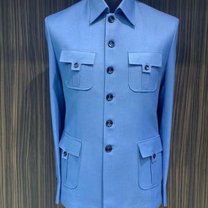 Light Blue Formal Wear Full Sleeve Safari Suit For Men.