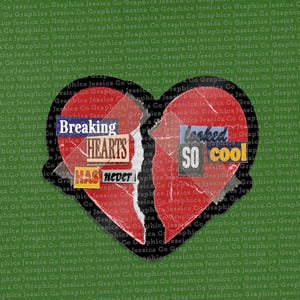 Op de afbeelding: Een zwarte hartvorm met een rode en witte collage erin. De collage bevat de woorden "Breaking Hearts" en "looked so cool".