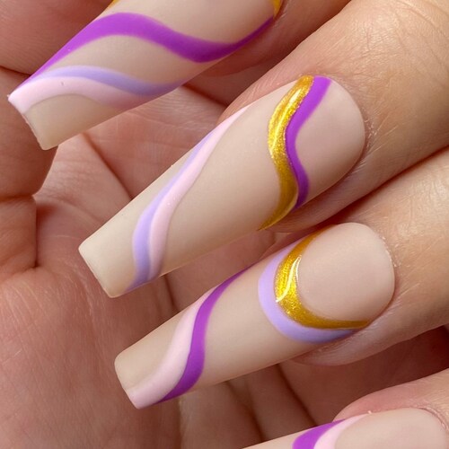 Purples and Gold Swirly Abstract Press on Nails-styled in Long - Etsy