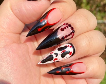 Ghost face blood drip French press ons nails styled in long stiletto