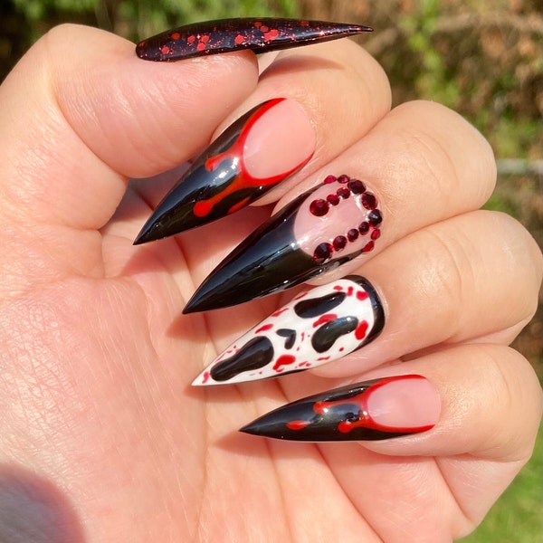 Ghost face blood drip French press ons nails styled in long stiletto