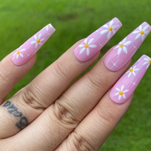 Pink daisy summer press on nails styles in long ballerina image 1