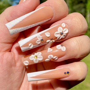 3D Flowers French tip press on nails-styles on XXL square