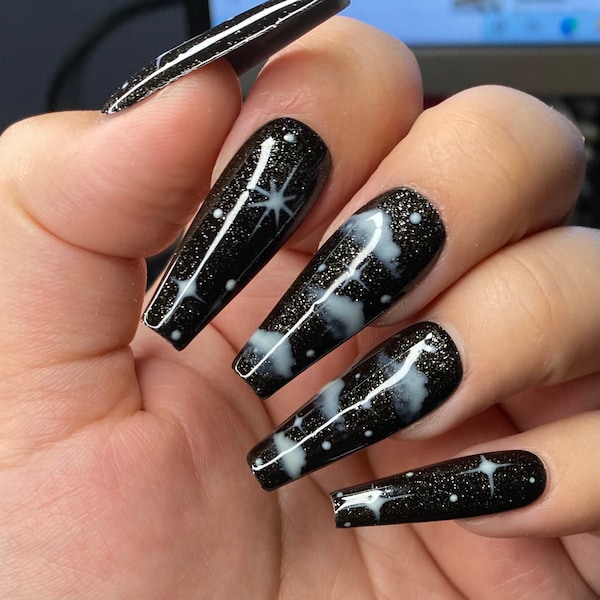 Starry Haze Night sky- stars and clouds  black diamond press on nails- black glitter nails styled in long ballerina
