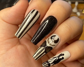 Fun black and white Jack Skellington nails- Black nails-strip nails- spooky press on styled in long ballerina