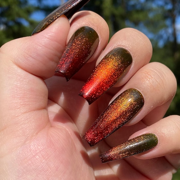 Fuego orange red fire ombré velvet crystal press on nails-styled in long ballerina