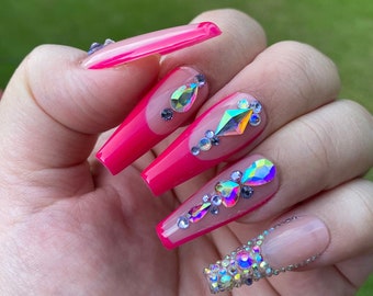 Hot pink Barbie rhinestone press on nails-styled in long ballerina