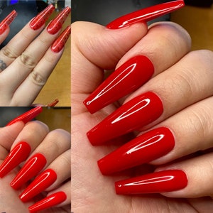 Basic colors-solid color press on nails- Red nails| Red Orange nails | Red Glitter styled in long ballerina