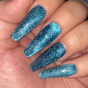 Aqua blue velvet nail reflective crystal cat eye gel press on nails styled in long ballerina