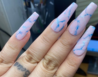 Matte marble- dusty pink nails- blue marble- white marble- trendy nails- press on nails styled in long ballerina