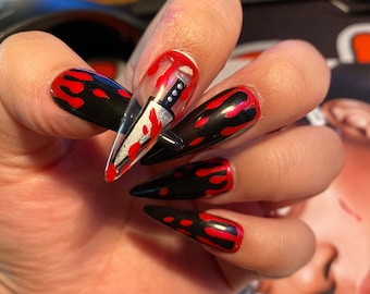 Horror-blood drip nails-spooky-bloody knife-Costume nails-custom press on styled in long stiletto