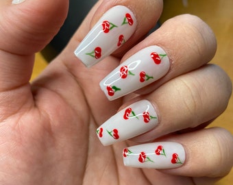 CHERRY BOMB! Cherry nail art press on nails- Milky White Nails styled in medium ballerina