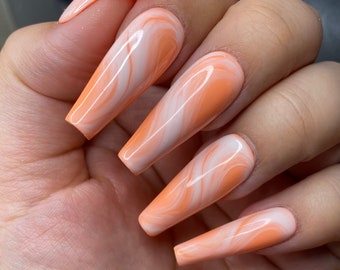 Orange creamsicle nails-orange swirl-press on nails styled in long ballerina