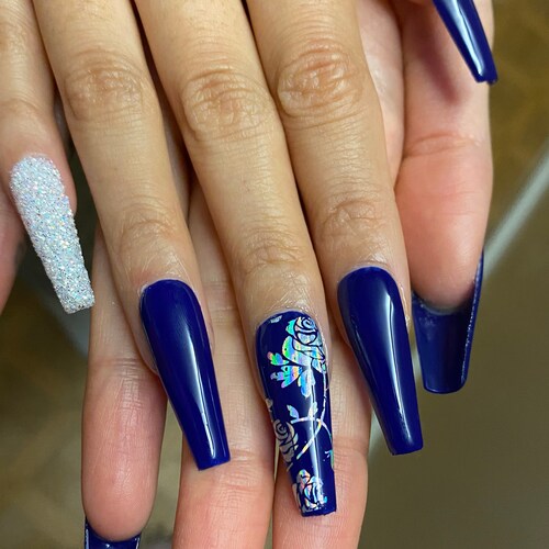 Navy Blue Nails With Holographic Rose Design Sugar Pinky Etsy
