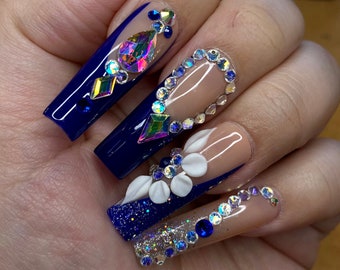 3D flower Blue French tip bling press on nails -styled in long square