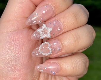 Korean jelly nails pearly rhinestones press on nails-styled in medium almond