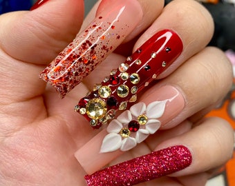 Red glitter bling Valentine press on nails 3d flower  -styled in xxl square