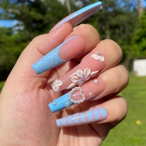 Baby blue french acrylic flower nails pearl rhinestones- styled in XXL Ballerina