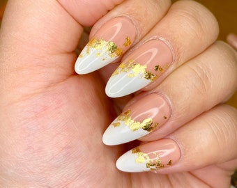 Baby boomers nails! Pink and white ombré nails with gold flakes design in the center! styled in long ballerina Choose all shapes!