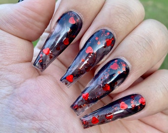 Falling red hearts-Smokey black nails-styled in long ballerina