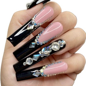 Black French Tip Pearl and Rhinestone Press on Nails Black Nails Long Nails  French Tip Nails Pearl Nails Luxury Nails Bling Nails 