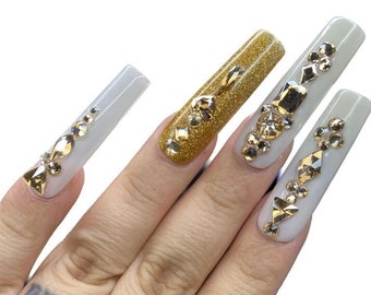 Milky white golden nails champagne gold rhinestones press on- Styled in XXL Square