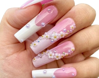 XXL Pink and White French nails Flower and Pearls