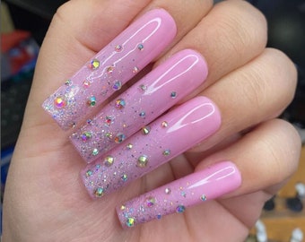 Glitter pink Ombre Rhinestone nail gems-Styled in XXL Square