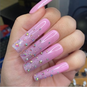 Xxl Extra Long Pink Glitter Diamonte Gem Nails Extendo Luxury Press on Nails  XL 3XL 5XL 10XL Square Coffin Stiletto Gel Acrylic Nails 