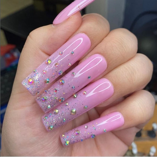 Glitter pink Ombre Rhinestone nail gems-Styled in XXL Square