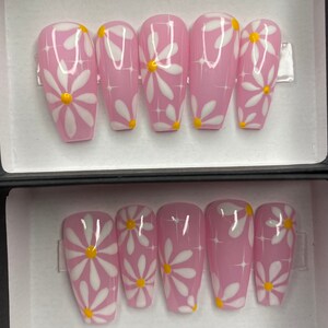 Pink daisy summer press on nails styles in long ballerina image 8